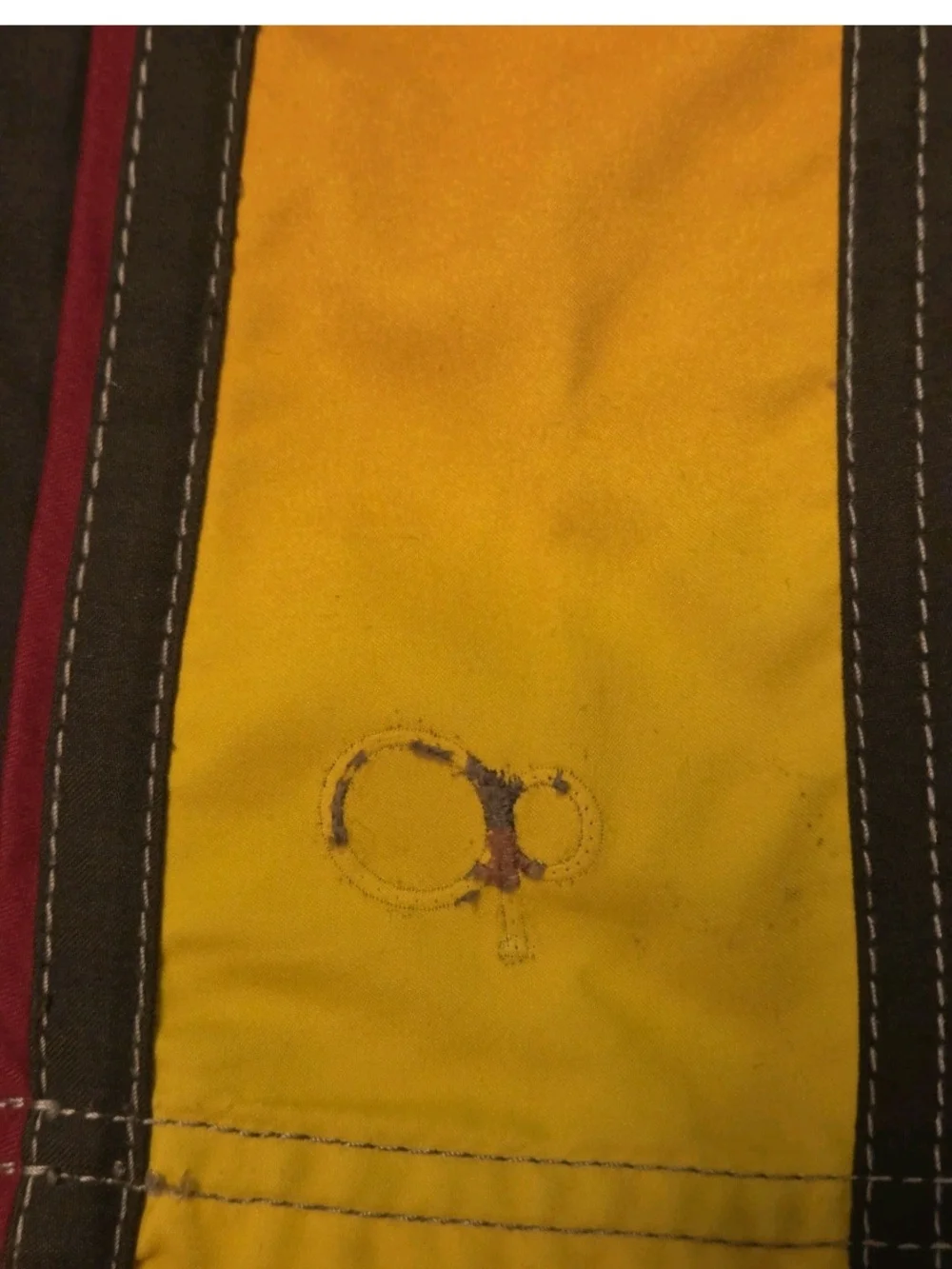 Y2K OP Men's Olive Swim Board Shorts with Yellow and Orange Gradient Panels